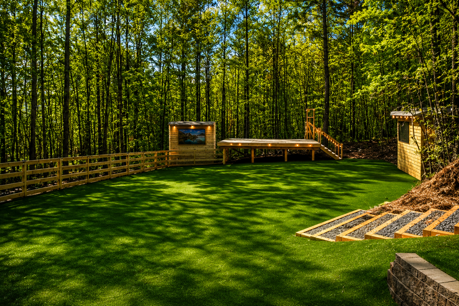 Open turf event area with stage and wooded backdrop